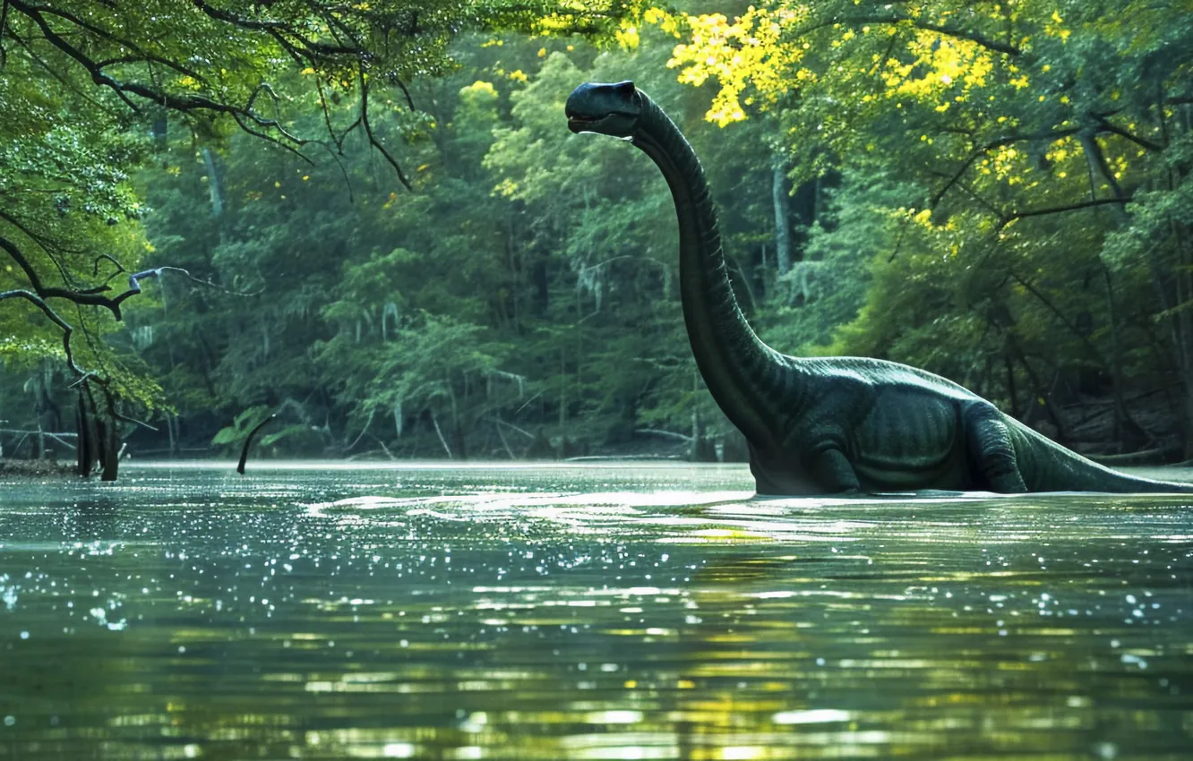Photo wallpaper water, trees, lake, animal, dinosaur, digital art, Ancient animals, Extinct animals