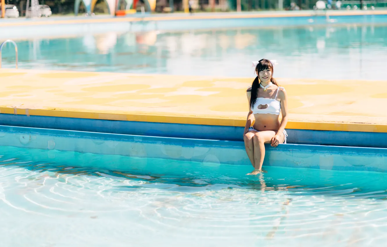 Photo wallpaper girl, sexy, pool, cleavage, long hair, boobs, beautiful, pretty