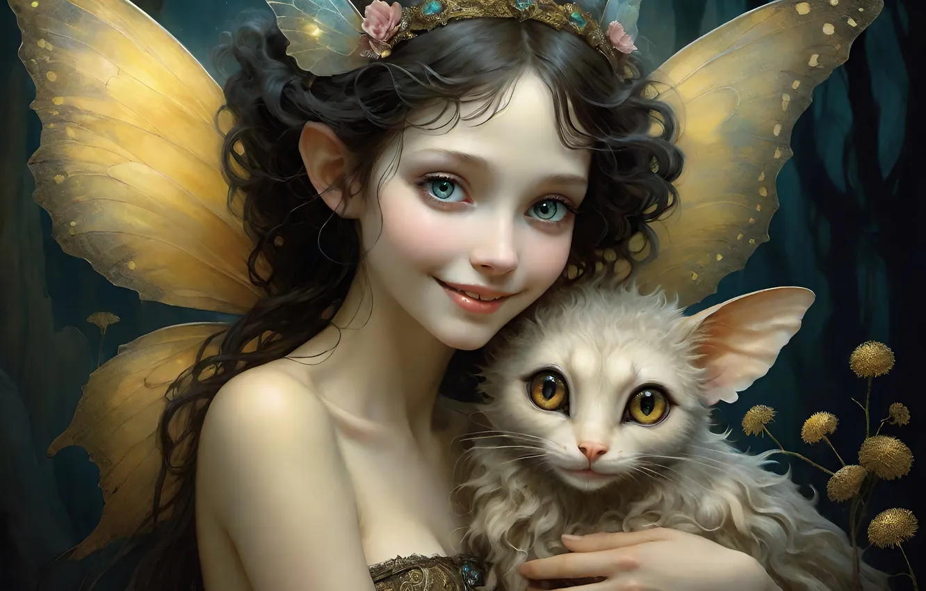 Photo wallpaper look, girl, flowers, nature, face, pose, smile, elf