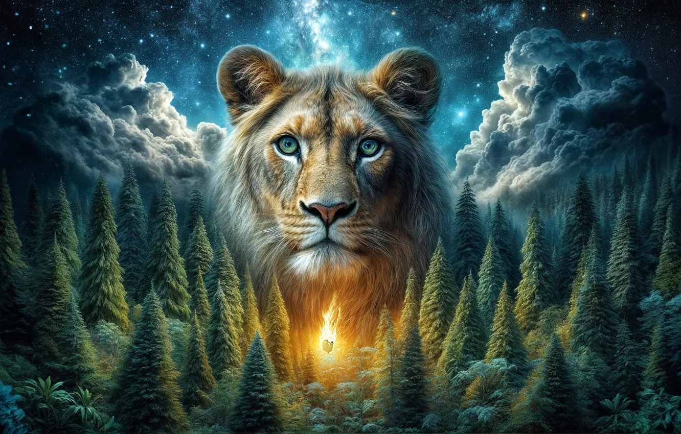 Photo wallpaper forest, look, night, Leo, AI art, neural network