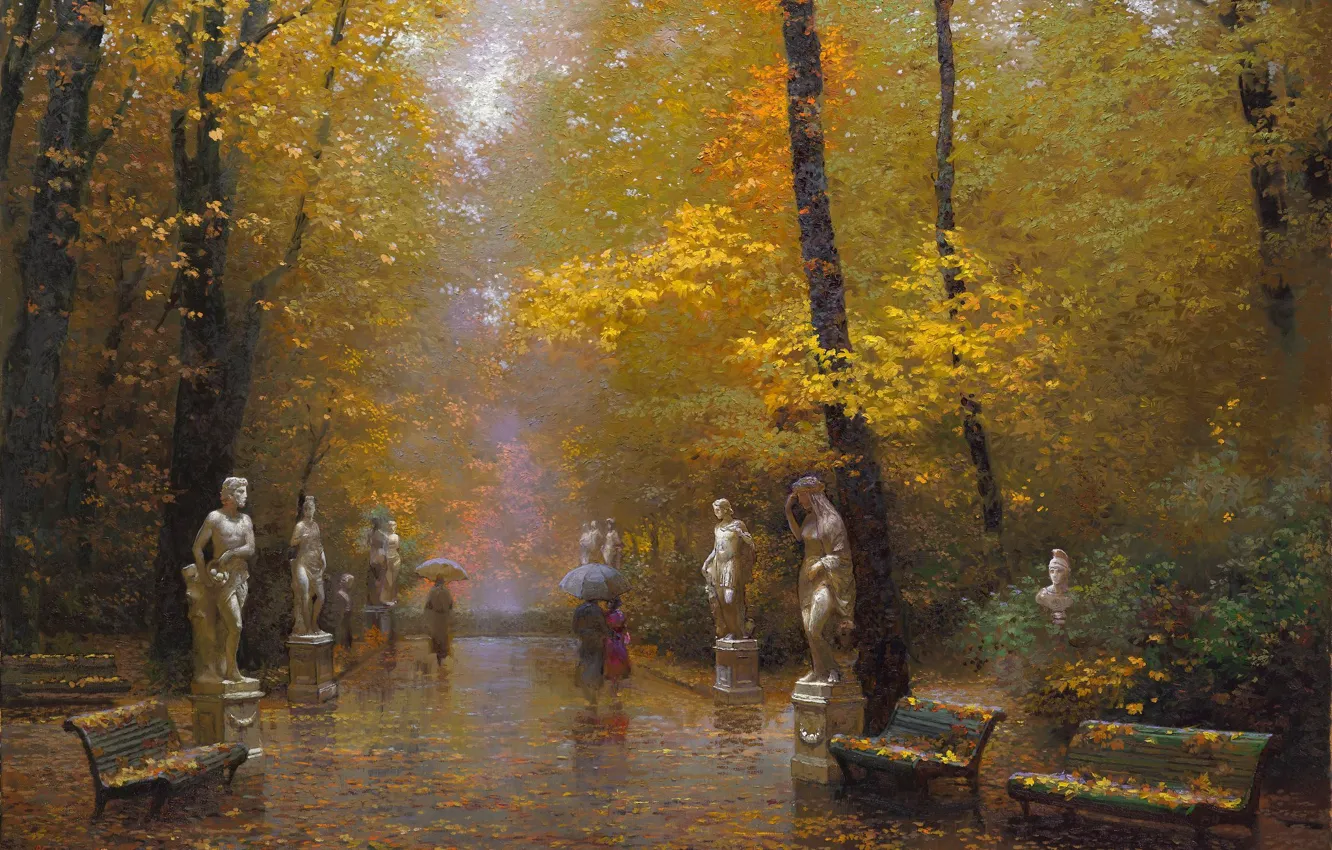 Photo wallpaper autumn, trees, landscape, Park, rain, picture, art, umbrellas