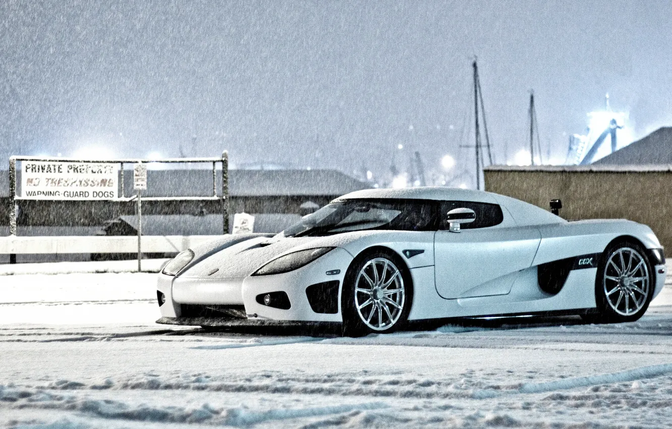 Photo wallpaper winter, white, the sky, snow, building, Koenigsegg, white, side view