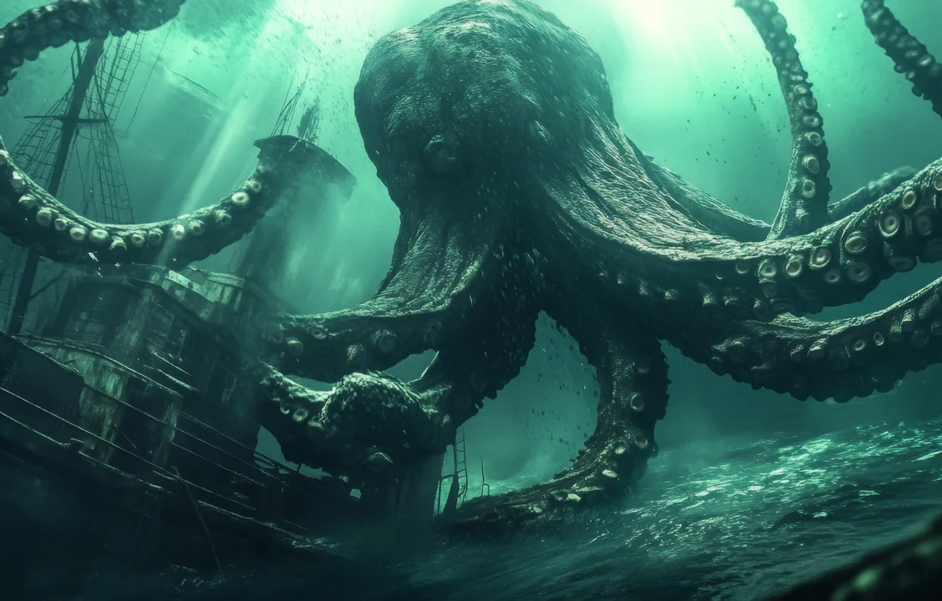 Photo wallpaper ship, tentacles, underwater world, Kraken, digital art, sea monster, AI art, The Art of Artificial …