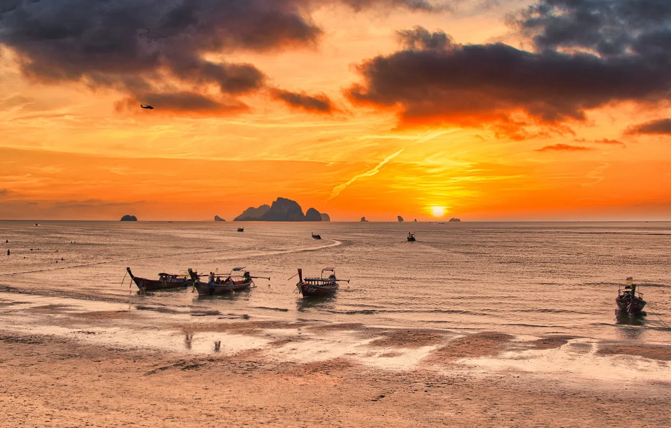 Photo wallpaper sand, sea, beach, the sky, the sun, clouds, sunset, rocks