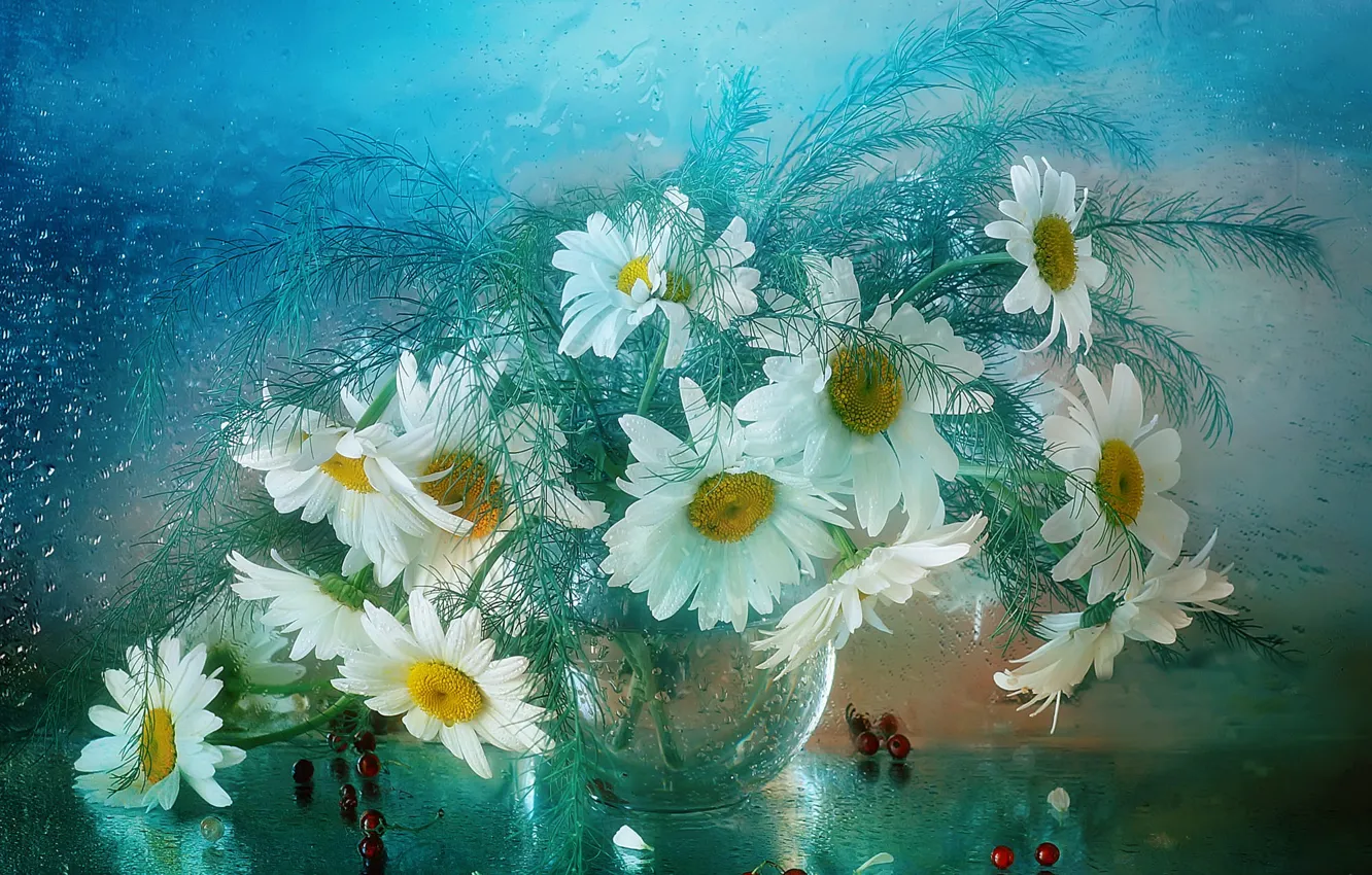 Photo wallpaper glass, drops, flowers, berries, sprig, table, moisture, chamomile