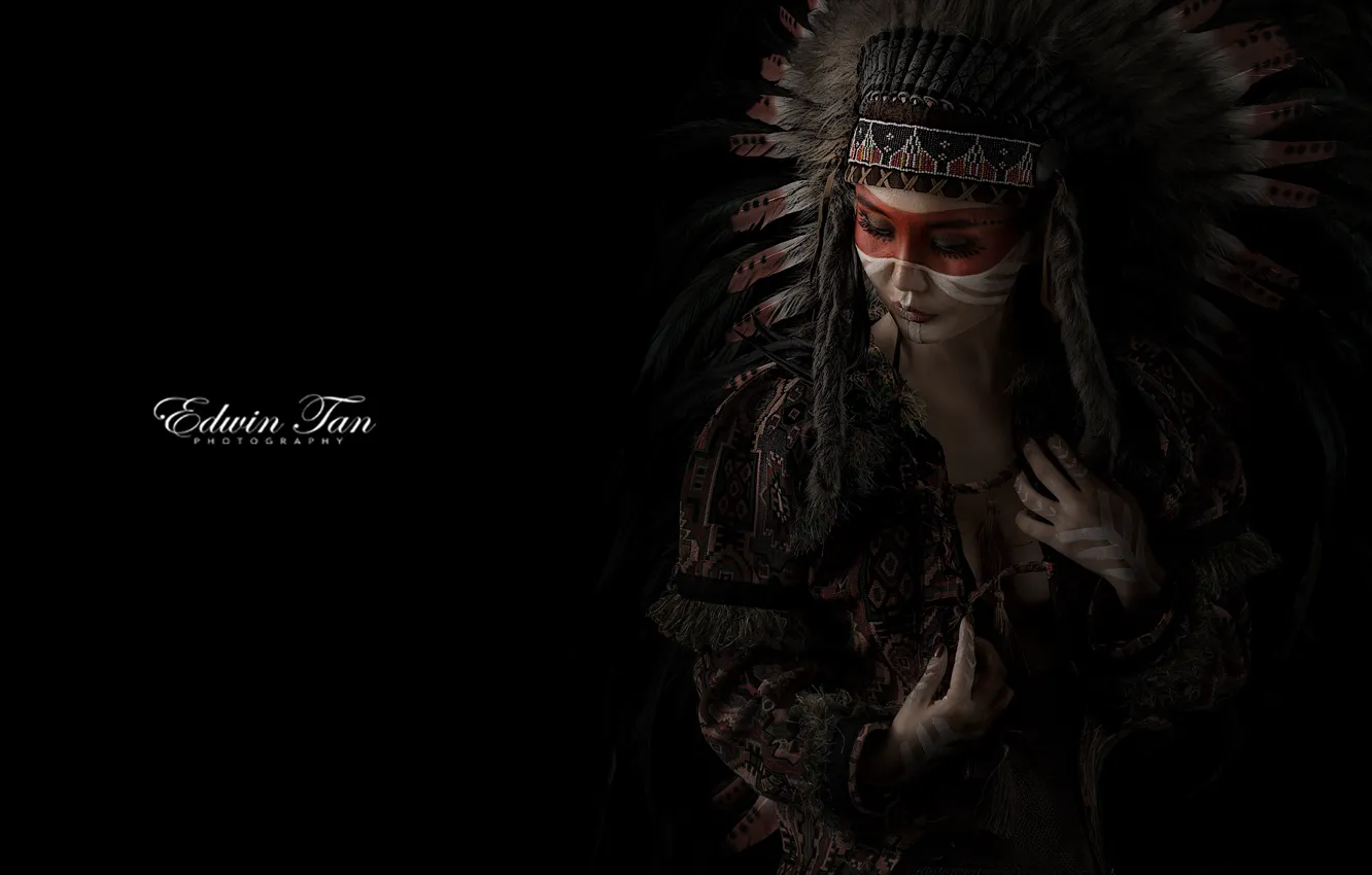 Photo wallpaper woman, feathers, Native American, with makeup