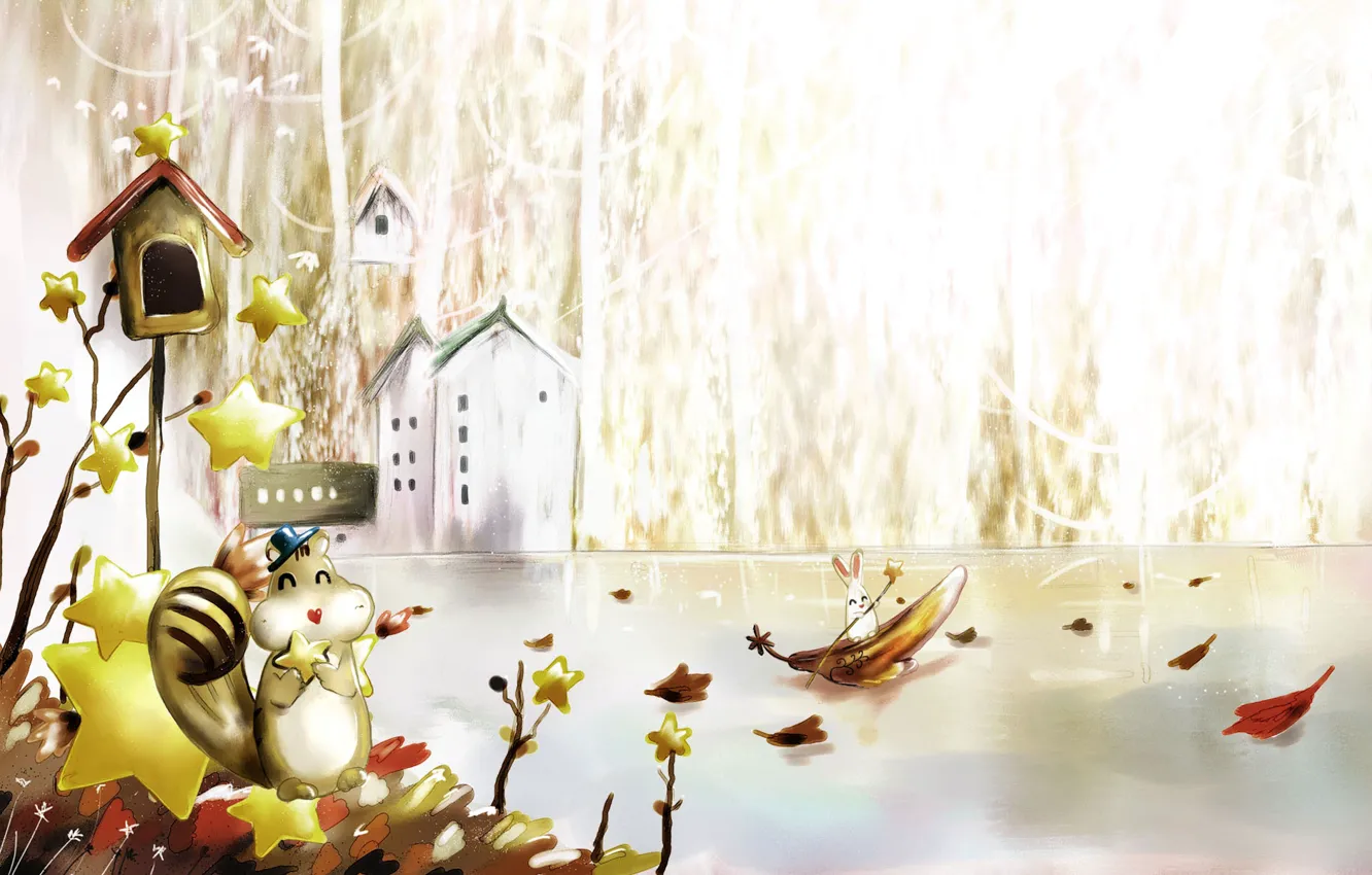 Photo wallpaper autumn, river, house, stars