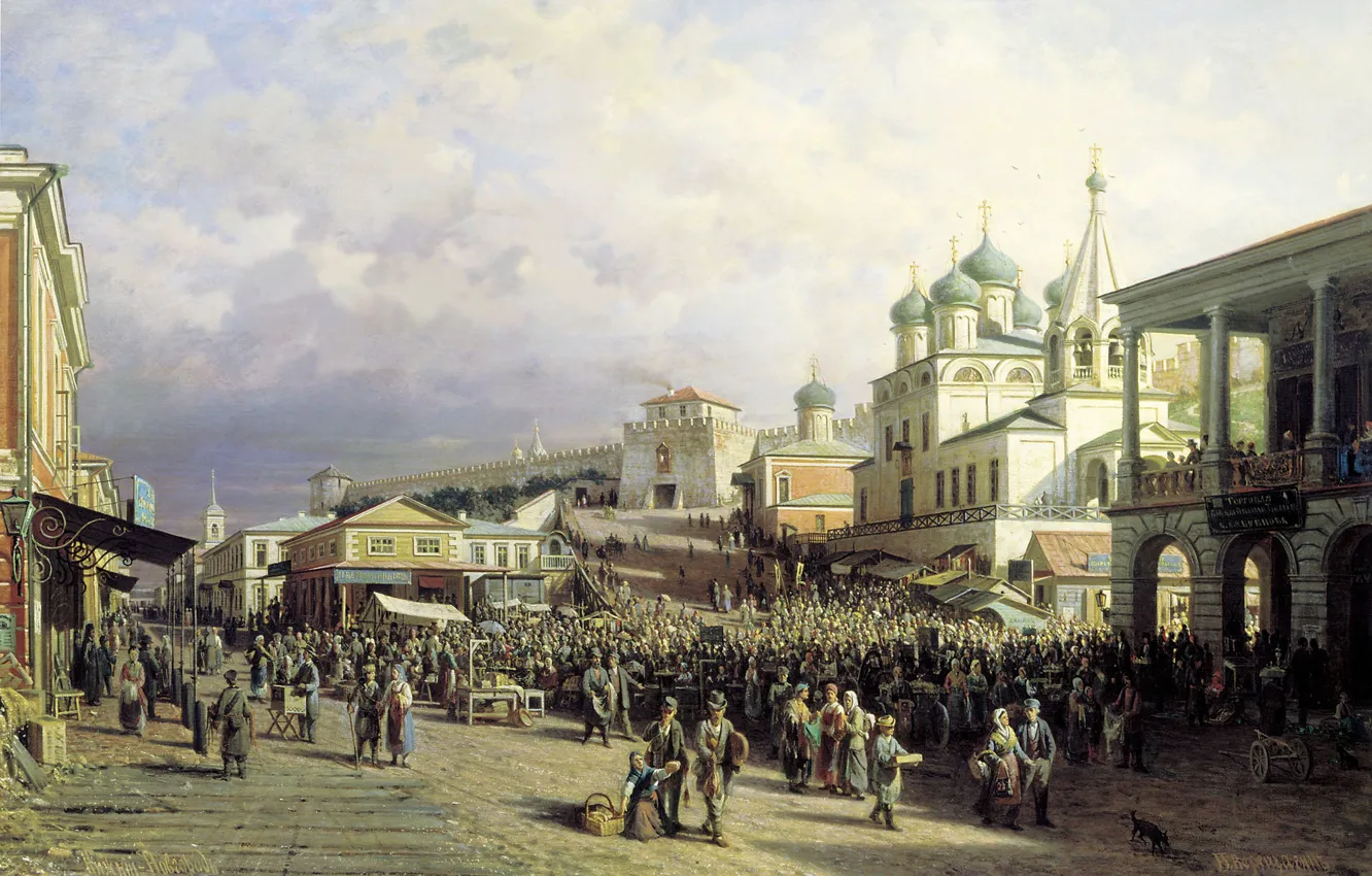 Photo wallpaper people, oil, temple, Canvas, 1872, Peter Vereshchagin, The market in Nizhny Novgorod