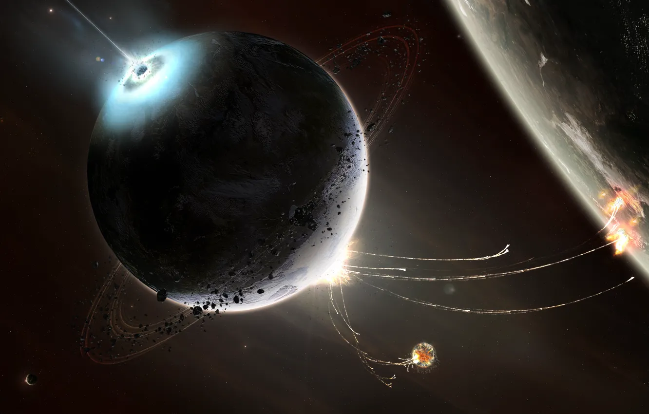 Photo wallpaper the wreckage, planet, explosions, ring, disaster, asteroids