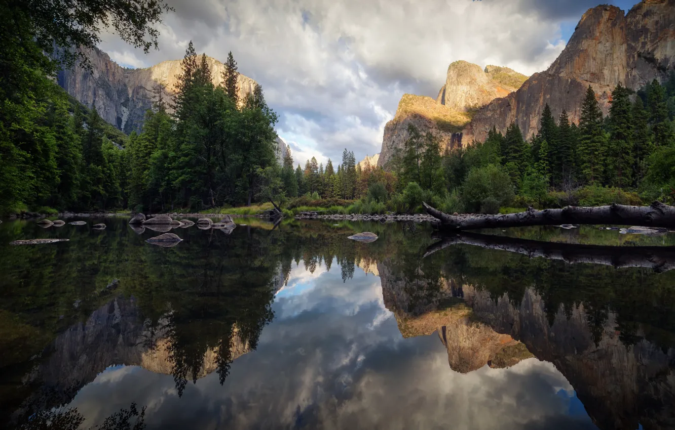 Photo wallpaper forest, the sky, clouds, reflection, mountains, nature, river, National Park