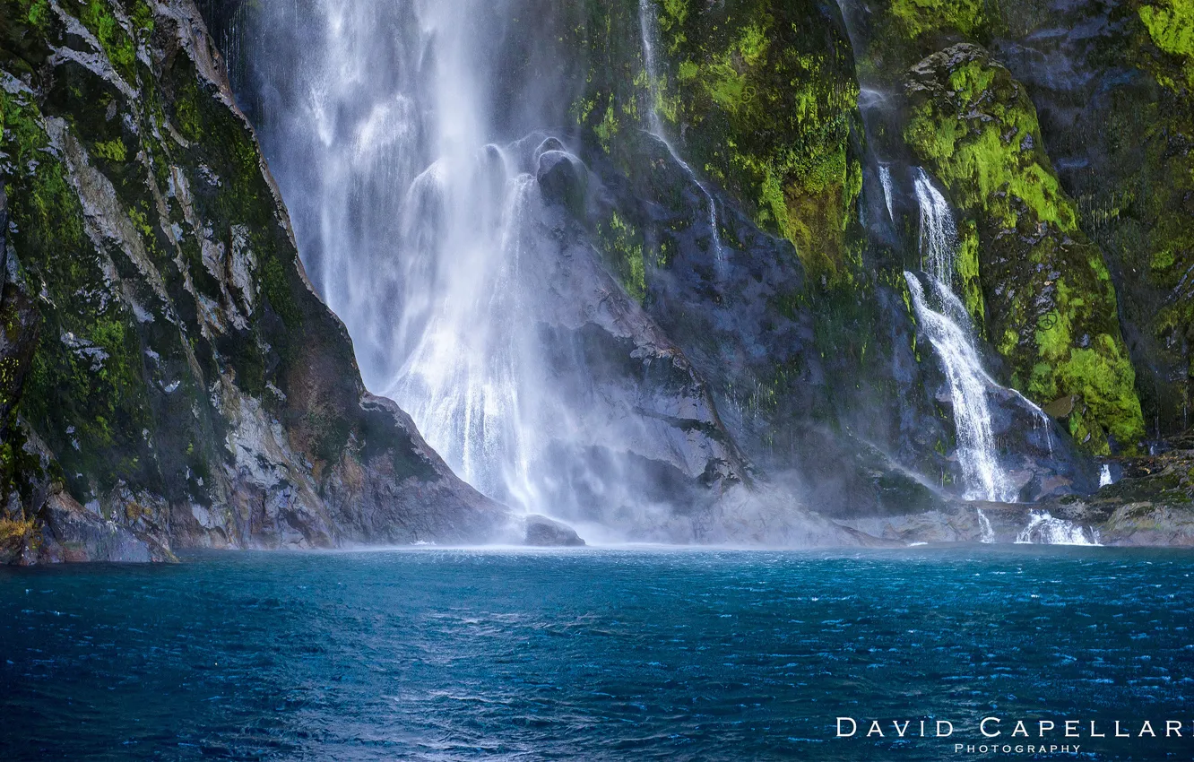 Photo wallpaper nature, lake, rocks, waterfall, moss, New Zealand, David Capellari