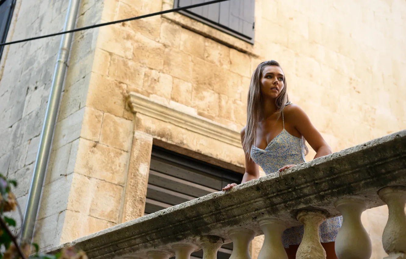 Photo wallpaper dress, model, women, brunette, balcony, neckline, women outdoors, Rachel Cook