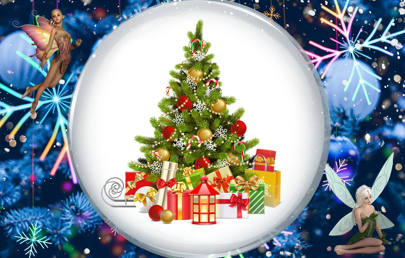 Photo wallpaper Fairies, Christmas, New year, Tree, Gifts, Christmas tree
