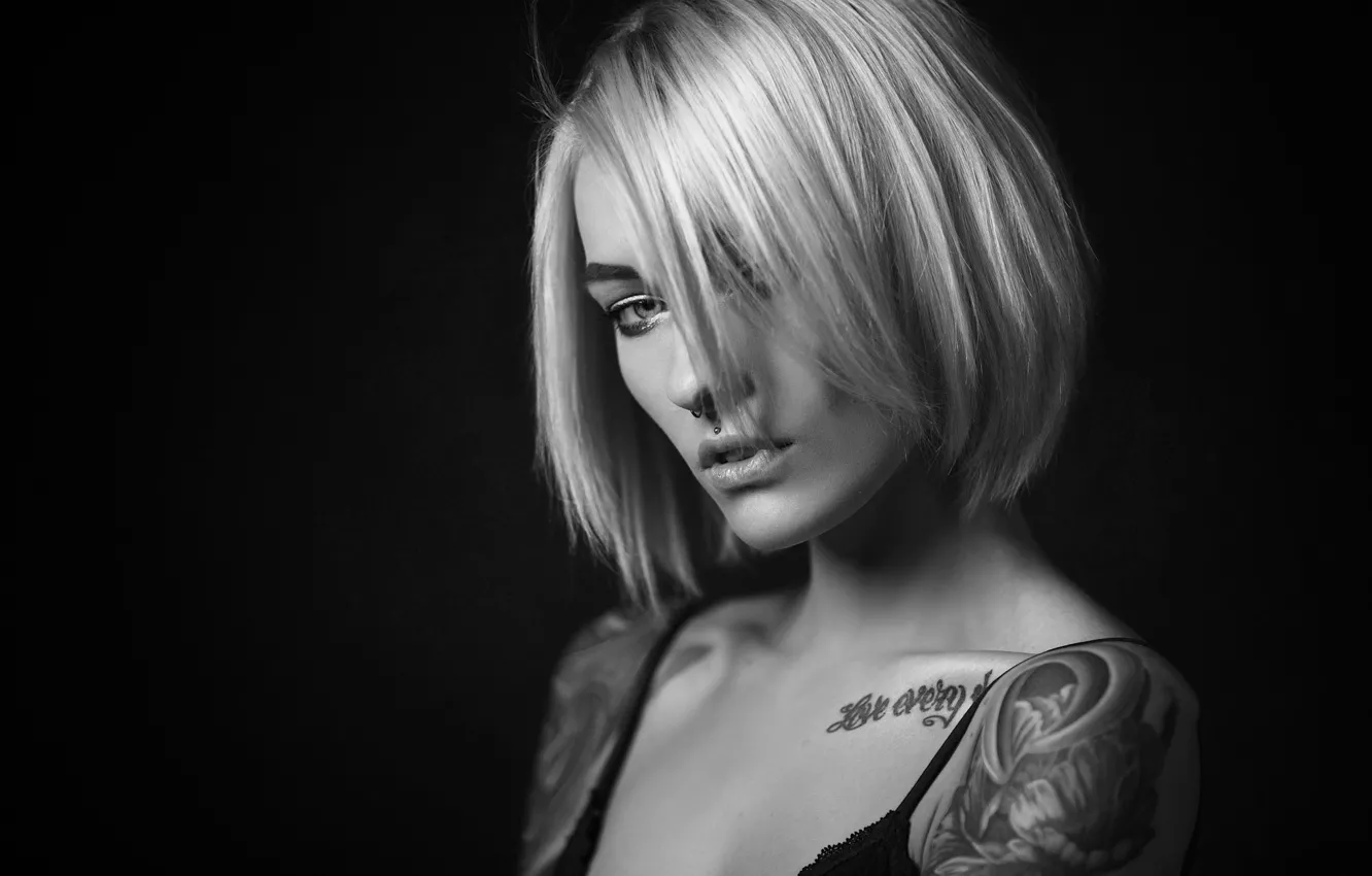 Photo wallpaper black & white, girl, model, tatoo, piercing, blonde., Sasha Brink