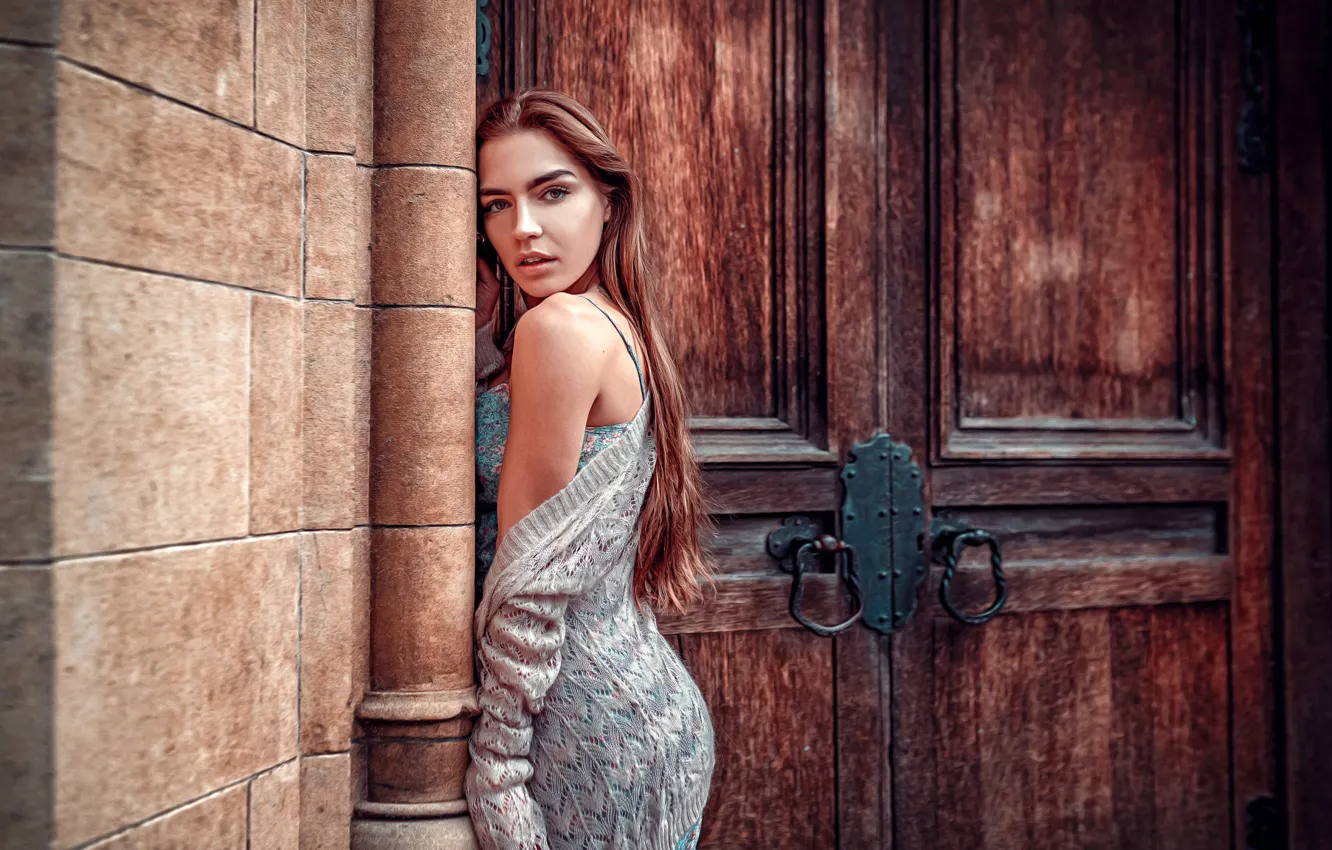 Photo wallpaper look, pose, wall, building, portrait, makeup, figure, dress