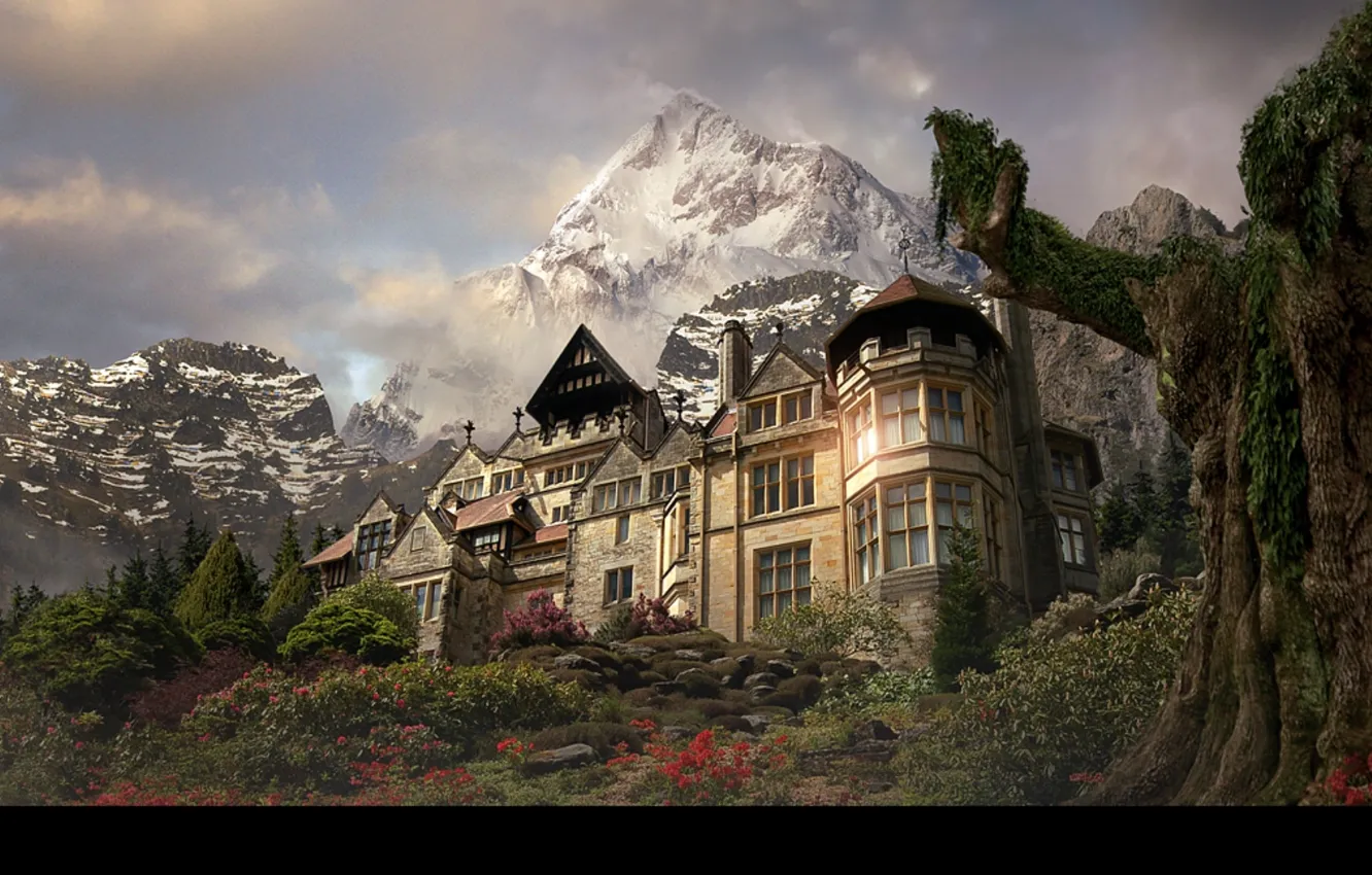 Photo wallpaper house, flowers, mountains, the summer