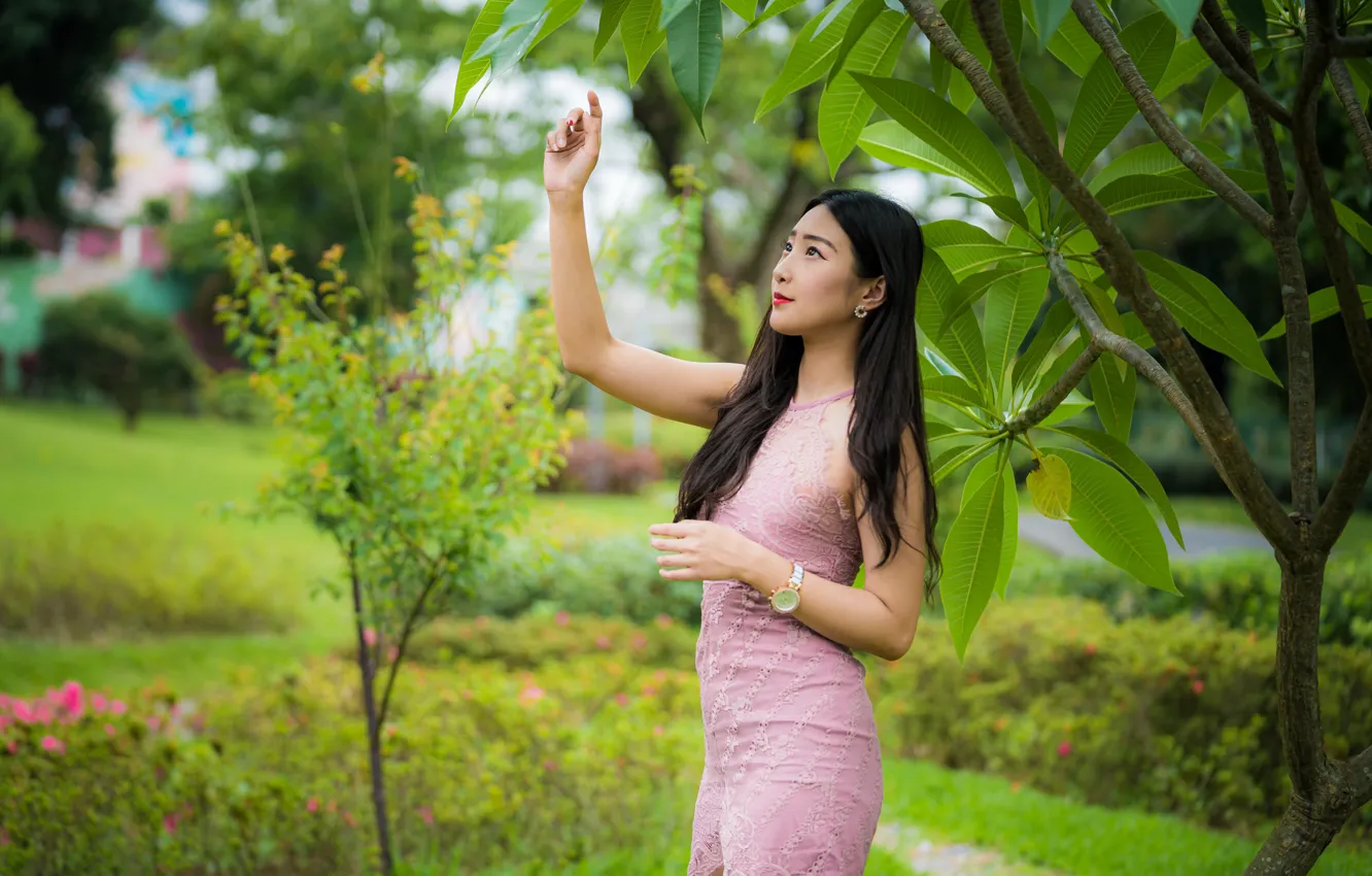 Photo wallpaper leaves, girl, branches, hair, dress, Asian, bokeh