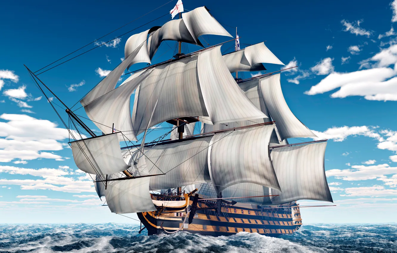 Photo wallpaper sea, wave, the sky, clouds, ship, sailboat, sails, mast