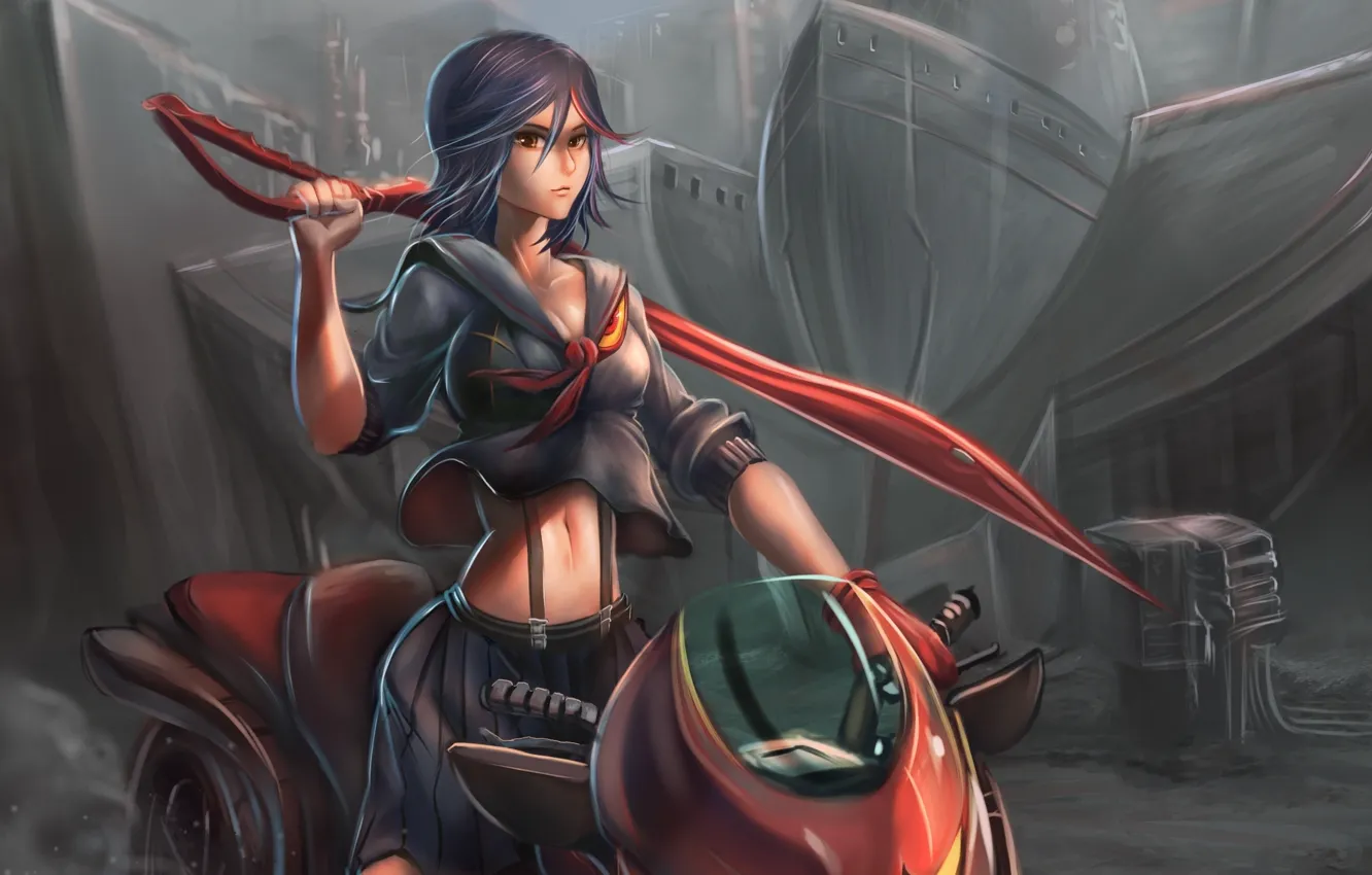 Photo wallpaper look, girl, weapons, motorcycle, form, art, kill la kill, matoi ryuuko