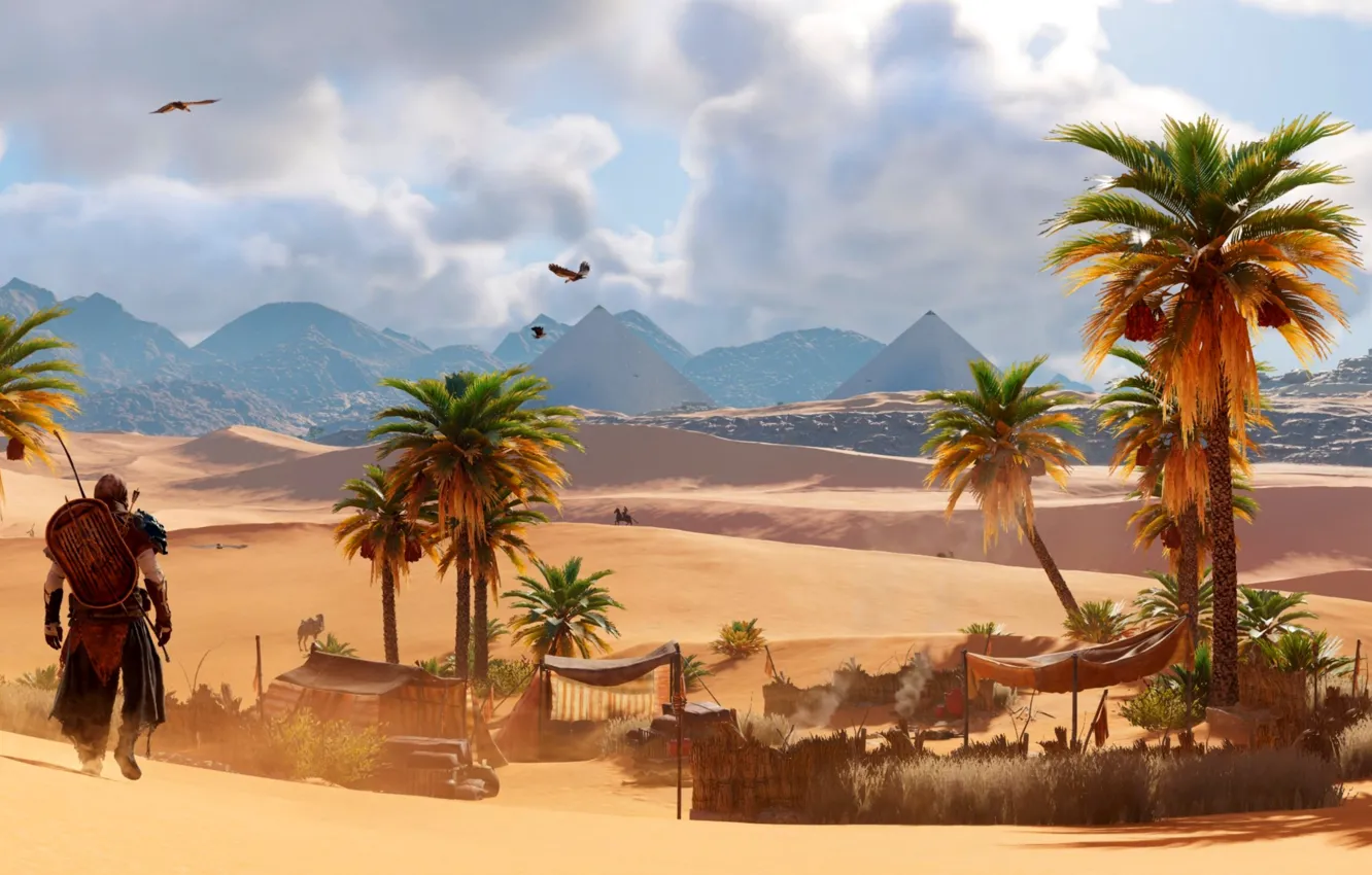 Photo wallpaper pyramid, Egypt, Assassin's Creed Origins, desert, settlement