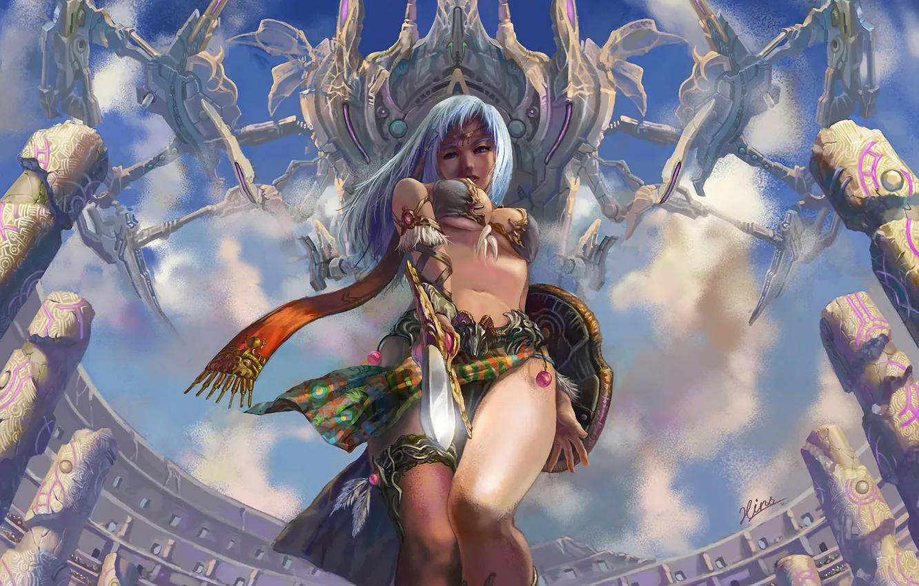 Photo wallpaper look, girl, sword, art, shield, arena, aircraft