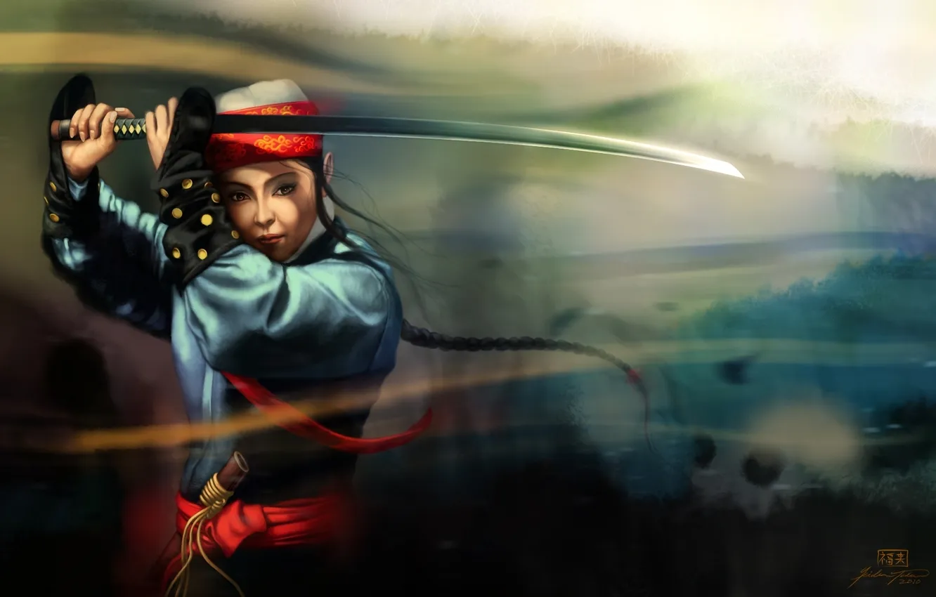 Photo wallpaper girl, sword, katana, blur, art, Asian, national outfit