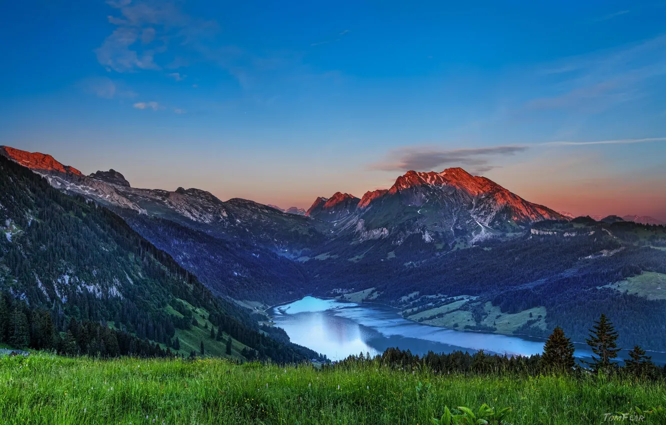 Photo wallpaper forest, landscape, sunset, mountains, lake, valley