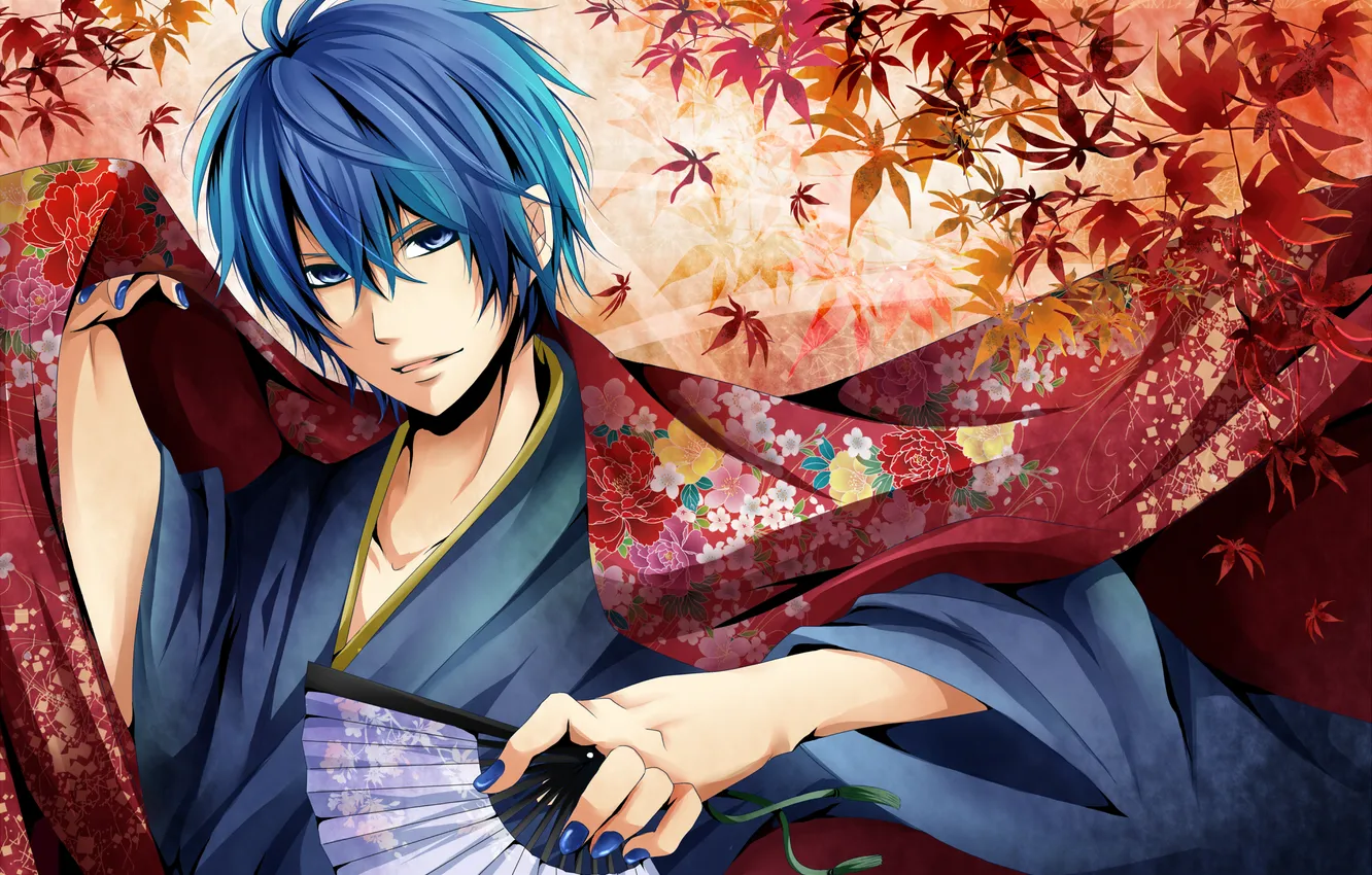 Photo wallpaper autumn, leaves, fan, guy, kimono, vocaloid, kaito