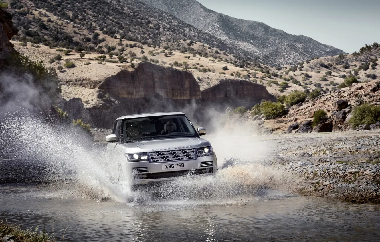 Photo wallpaper water, mountains, squirt, silver, jeep, SUV, Land Rover, Range Rover