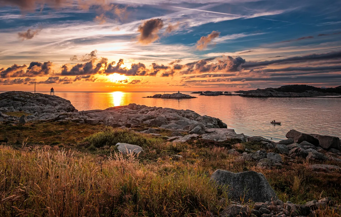 Photo wallpaper sea, the sky, grass, clouds, sunset, stones, coast, horizon