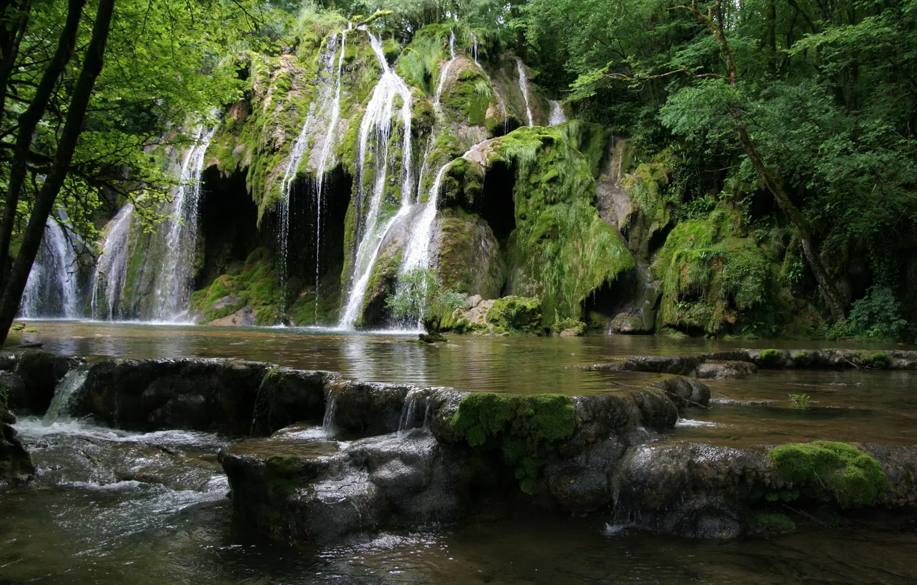 Photo wallpaper nature, stones, photo, France, waterfall, moss, Franche-Comte, Waterfalls of Tuffs