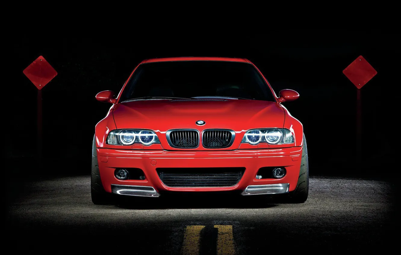 Photo wallpaper BMW, Red, Night, E46, Road, M3