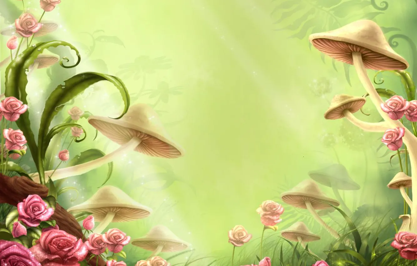 Photo wallpaper flowers, childhood, mushrooms, tale, clearing