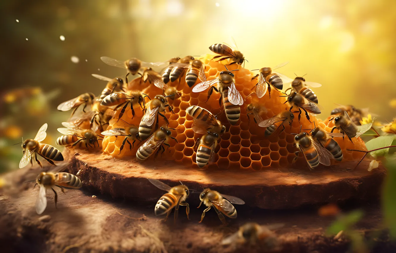 Photo wallpaper summer, light, nature, bee, cell, honey, insect, cell