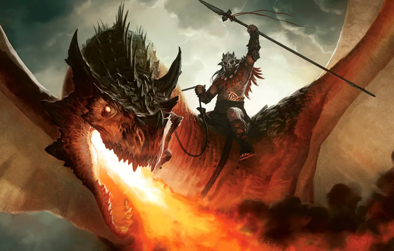 Photo wallpaper fire, dragon, figure, warrior, art, rider, Dragon, spear
