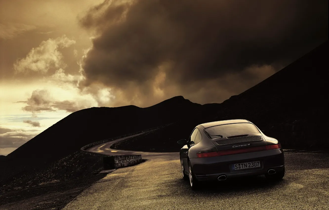 Photo wallpaper road, clouds, 911, 997, Porsche, Weather, Carrera 4