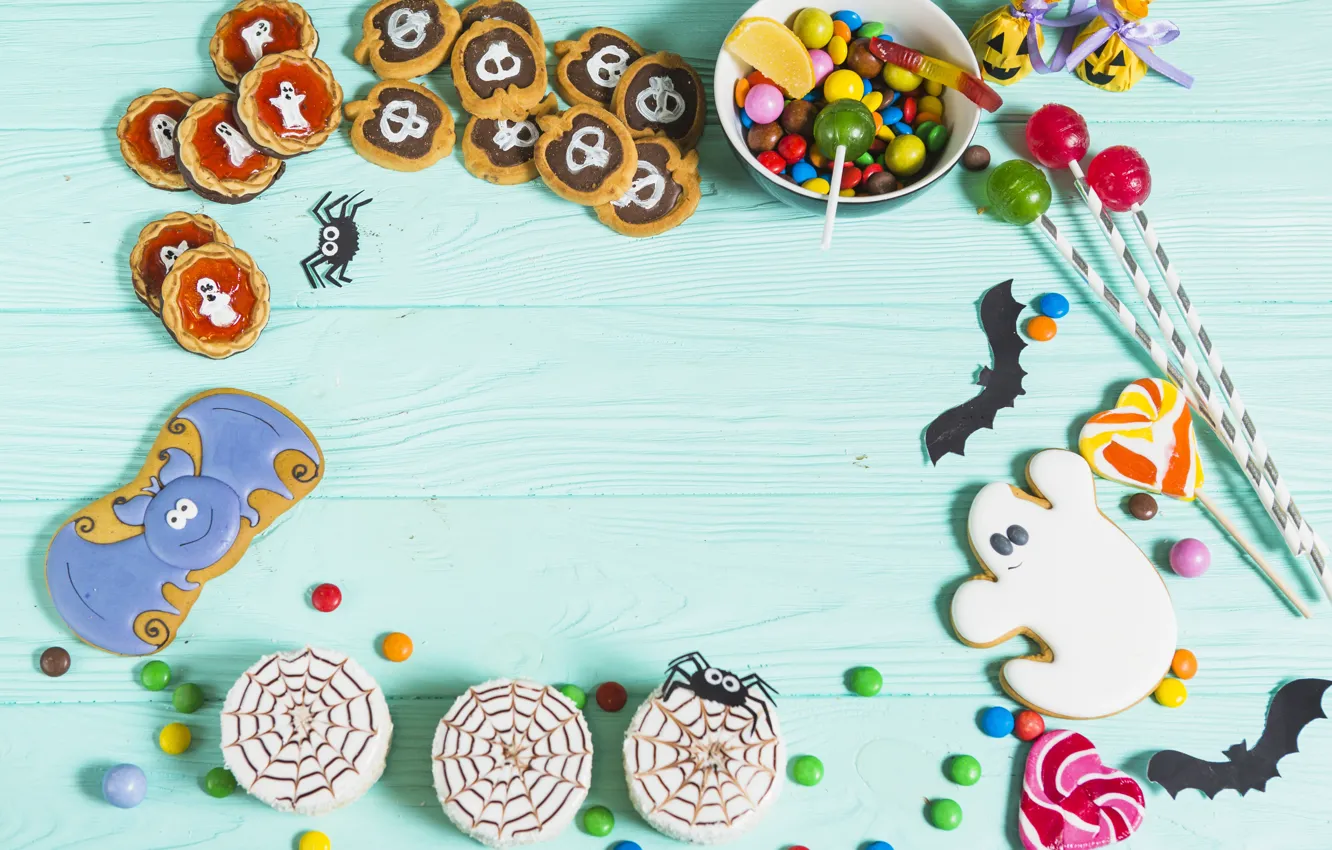 Photo wallpaper lollipops, holiday, cakes, background, cookies, caramel