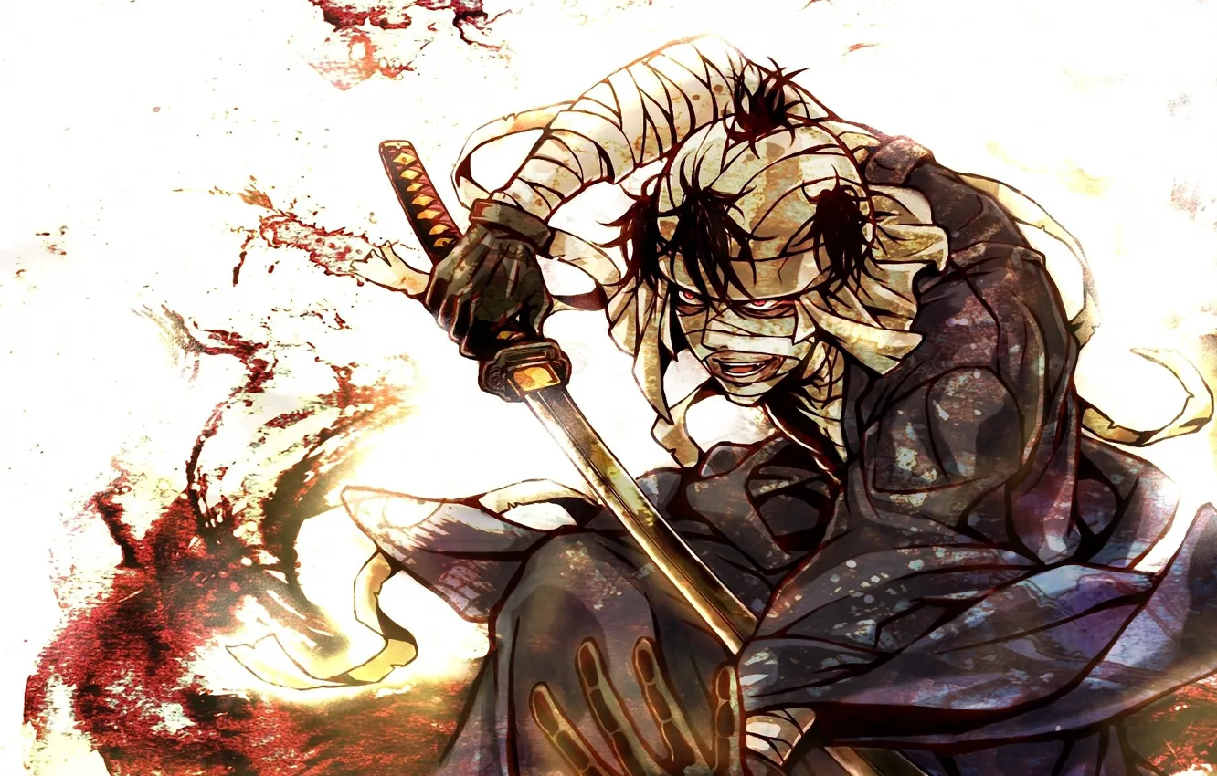 Photo wallpaper blood, katana, blade, bandages, wounded, madman, Rurouni Kenshin, Hobo Kenshin