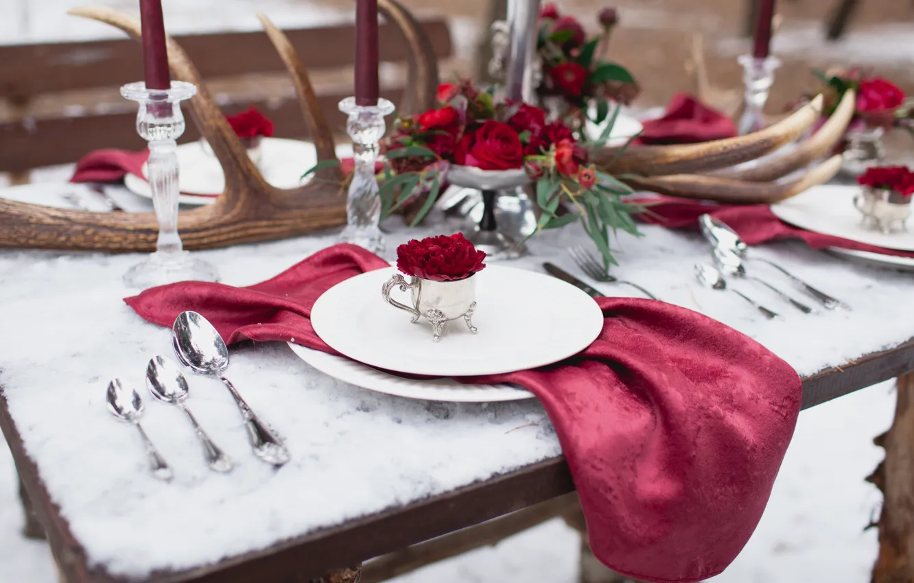 Photo wallpaper flowers, table, roses, decor, serving