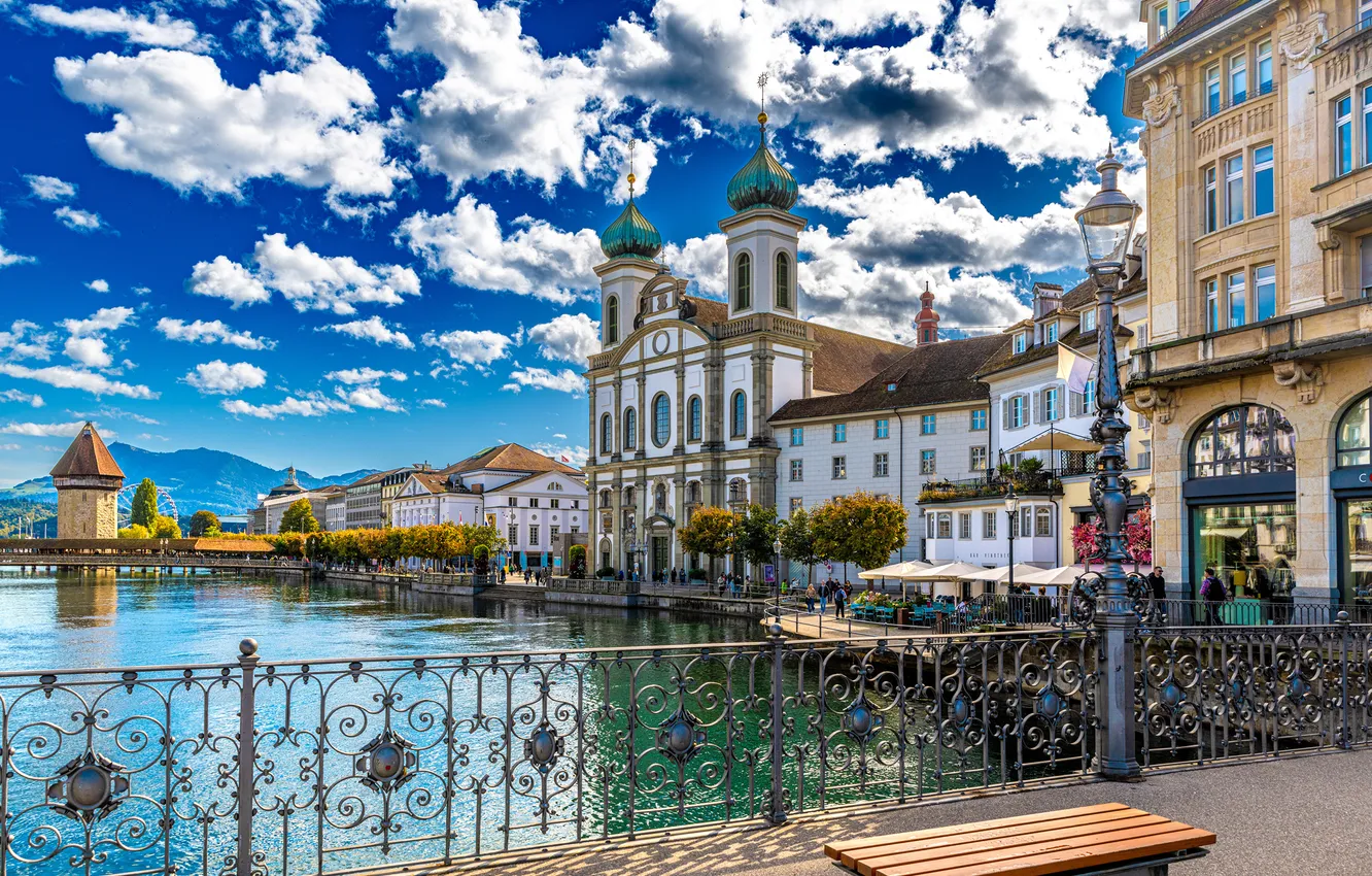 Photo wallpaper clouds, bridge, home, Switzerland, Luzern