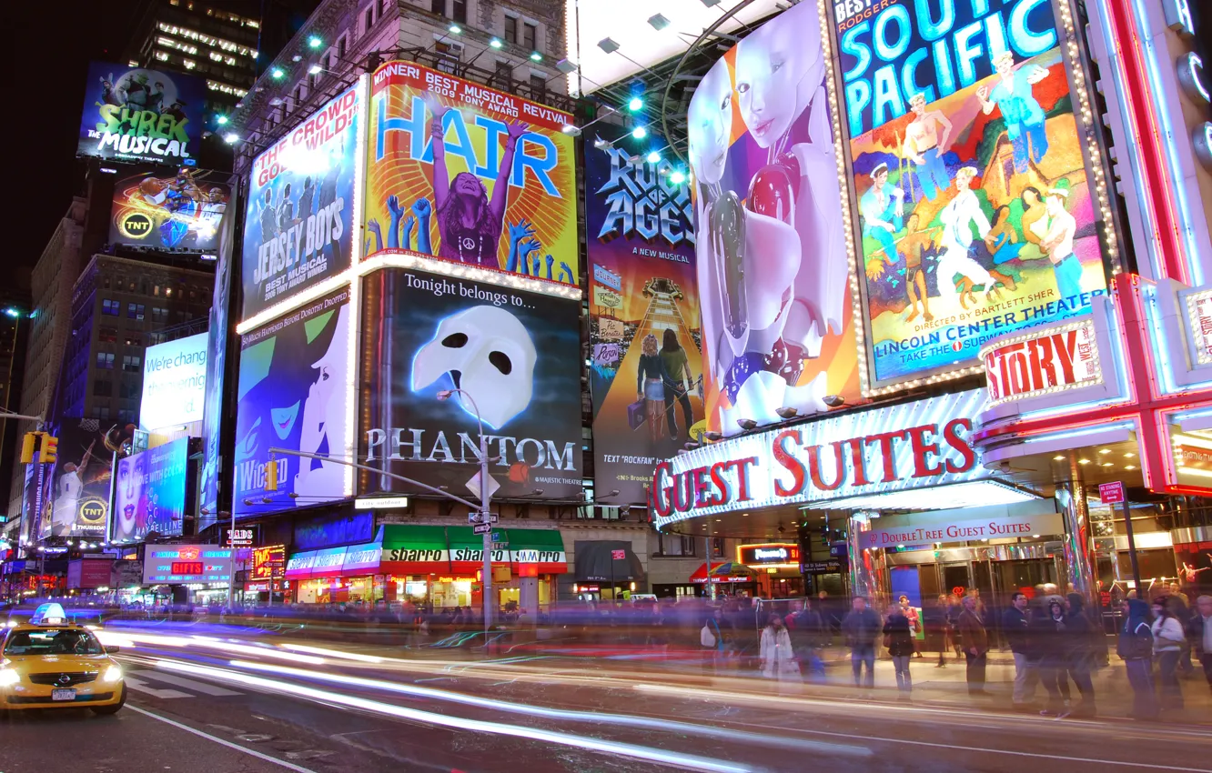 Photo wallpaper night, lights, New York, advertising, Times Square