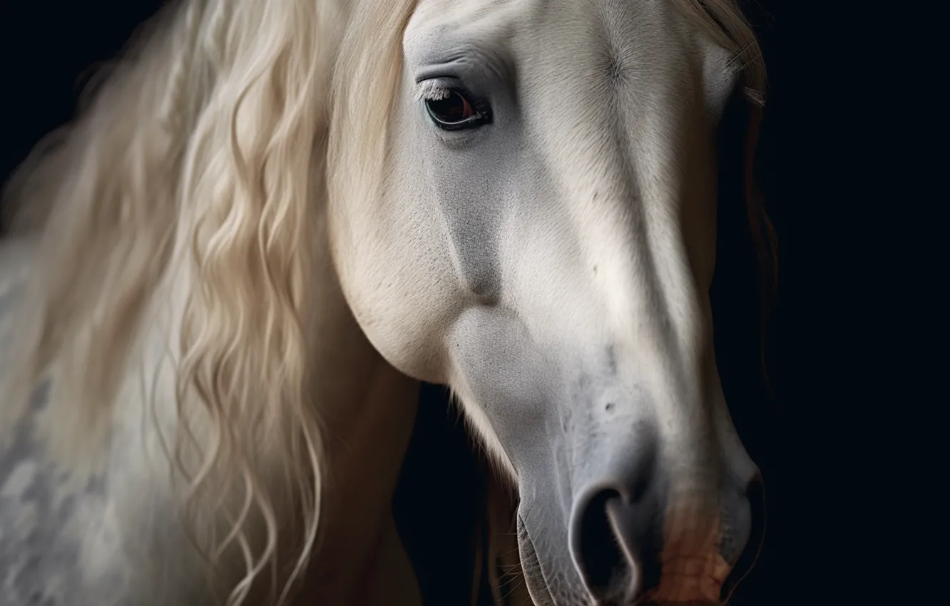 Photo wallpaper white, look, face, horse, horse, portrait, white, black background