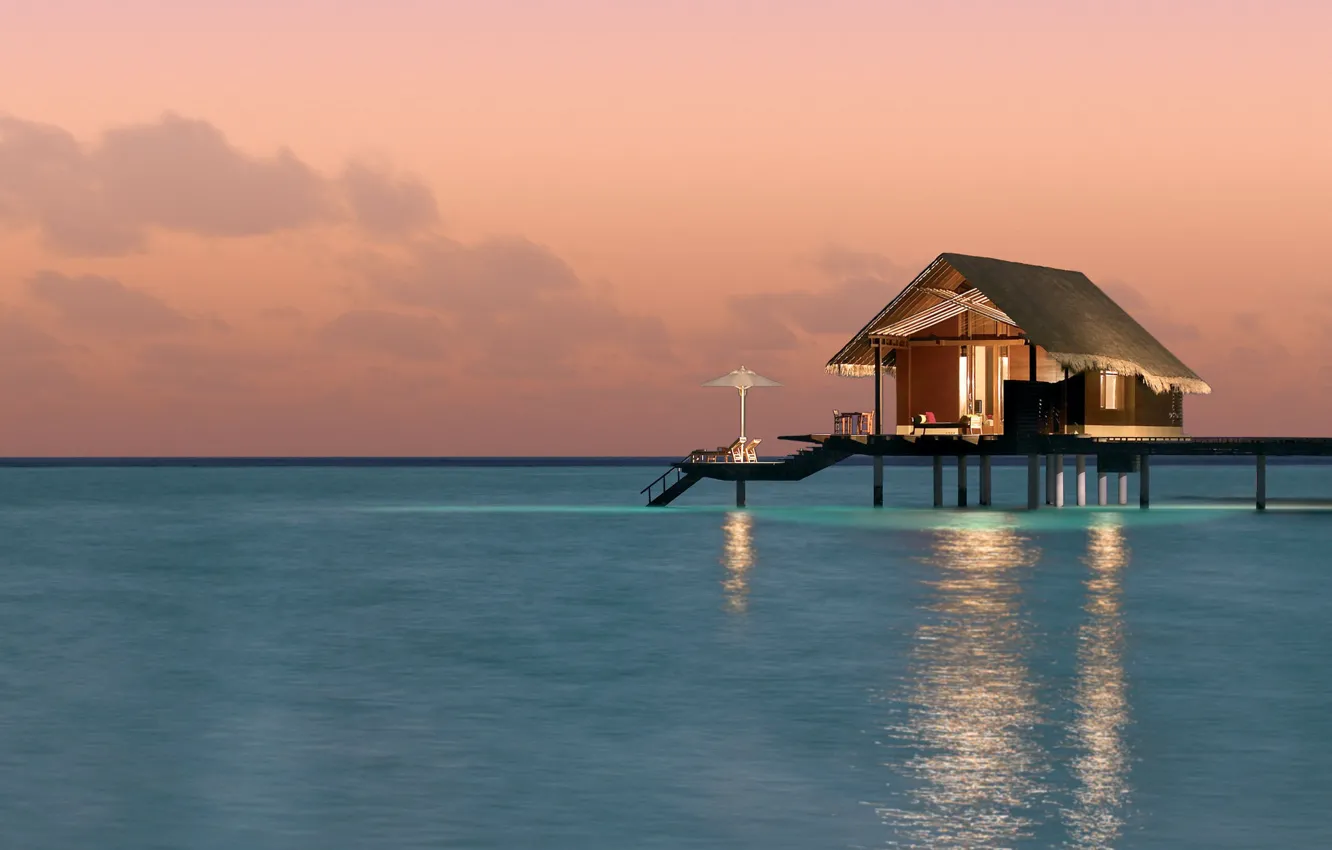 Photo wallpaper the ocean, the evening, pier, Bungalow, romantic, reethi-rah, private water villa