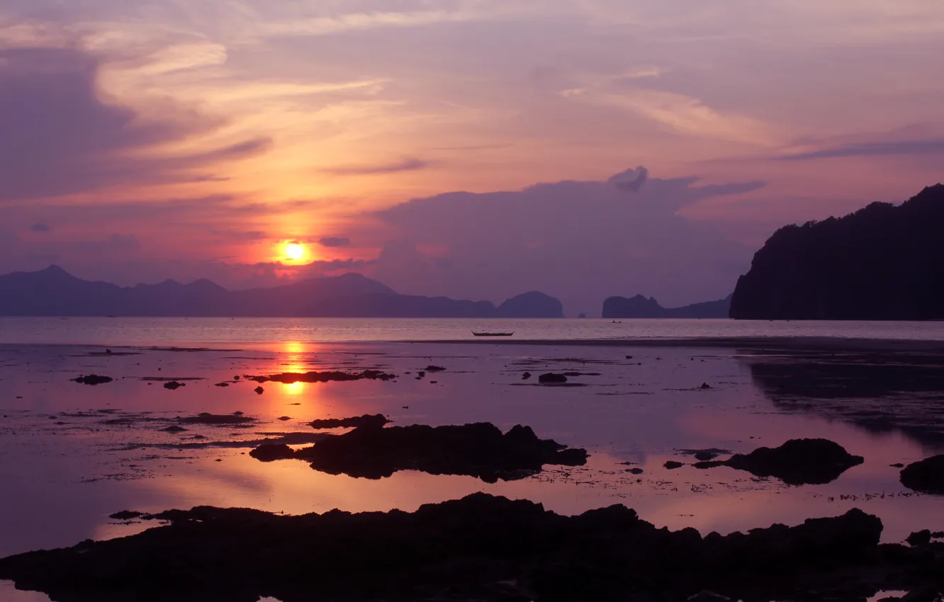 Photo wallpaper sea, landscape, nature, shore, boat, the evening, tide