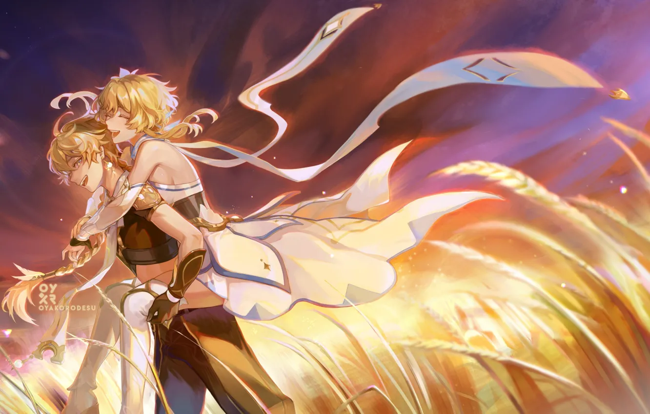 Photo wallpaper girl, sunset, ears, guy, laughs, Aether, Genshin Impact, Light