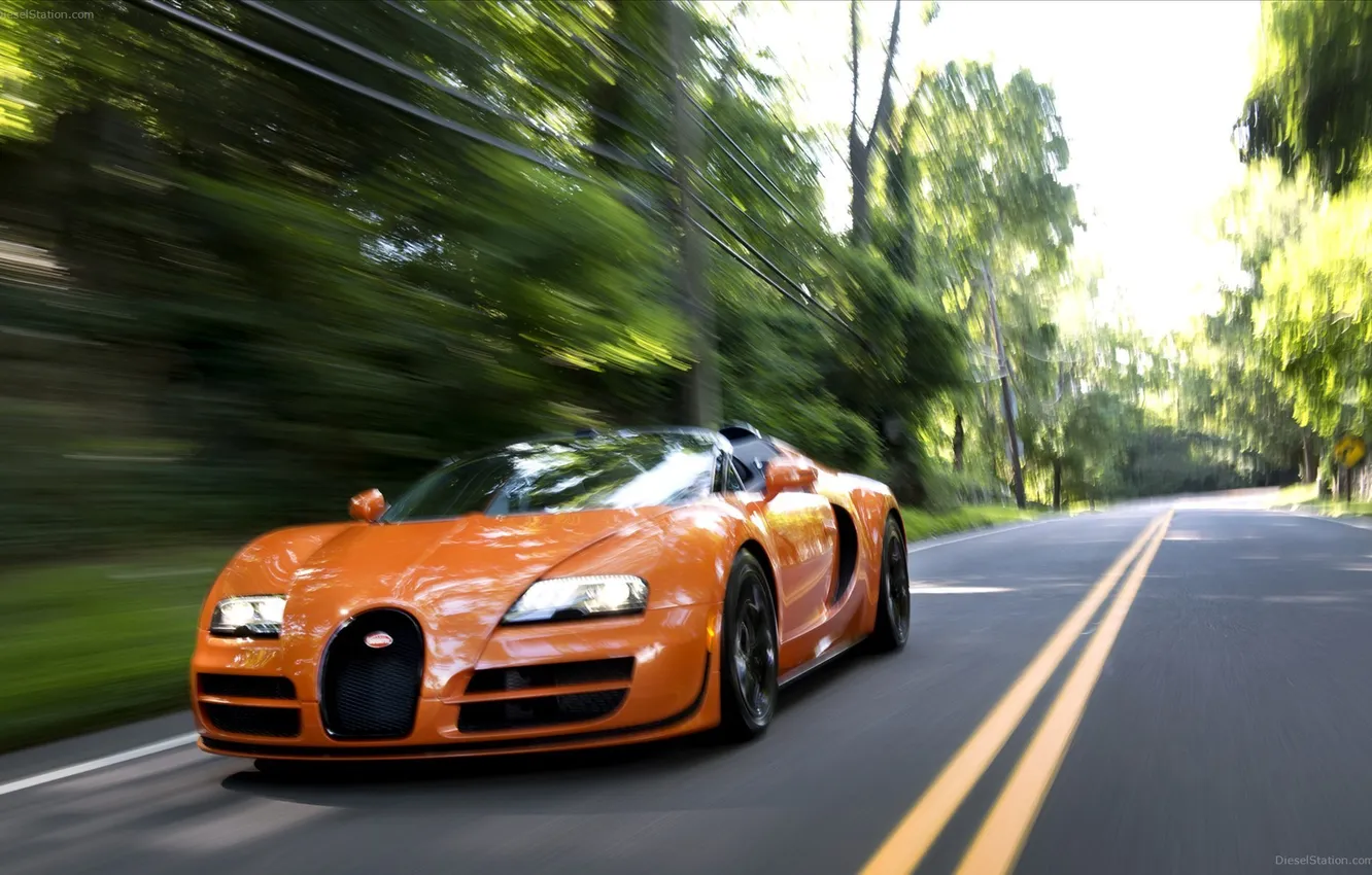 Photo wallpaper Roadster, Bugatti, Veyron, supercar, road, speed, orange, Grand Sport