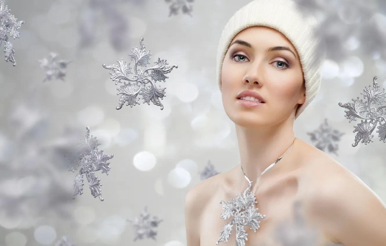 Photo wallpaper look, girl, snowflakes, cap, charm