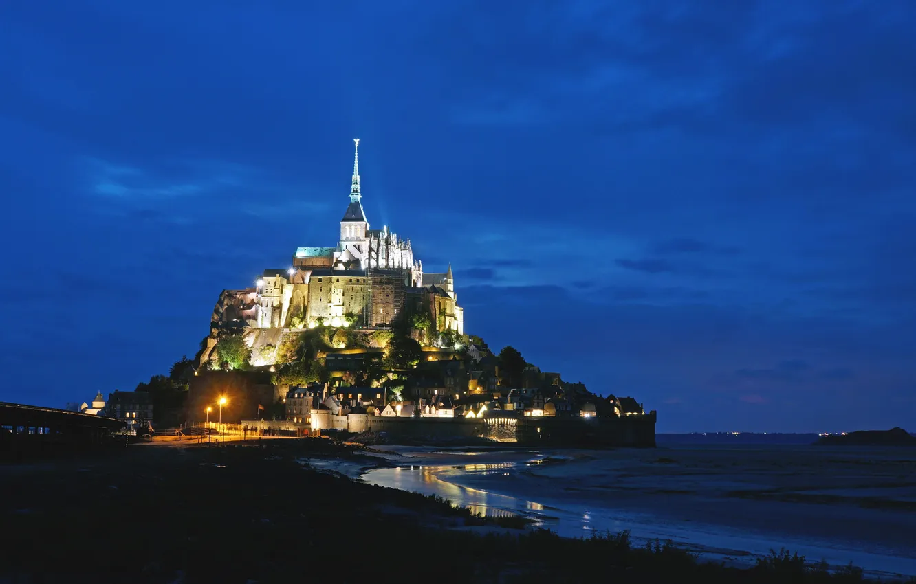 Photo wallpaper the sky, night, France, island, backlight, fortress, blue, Mont-Saint-Michel