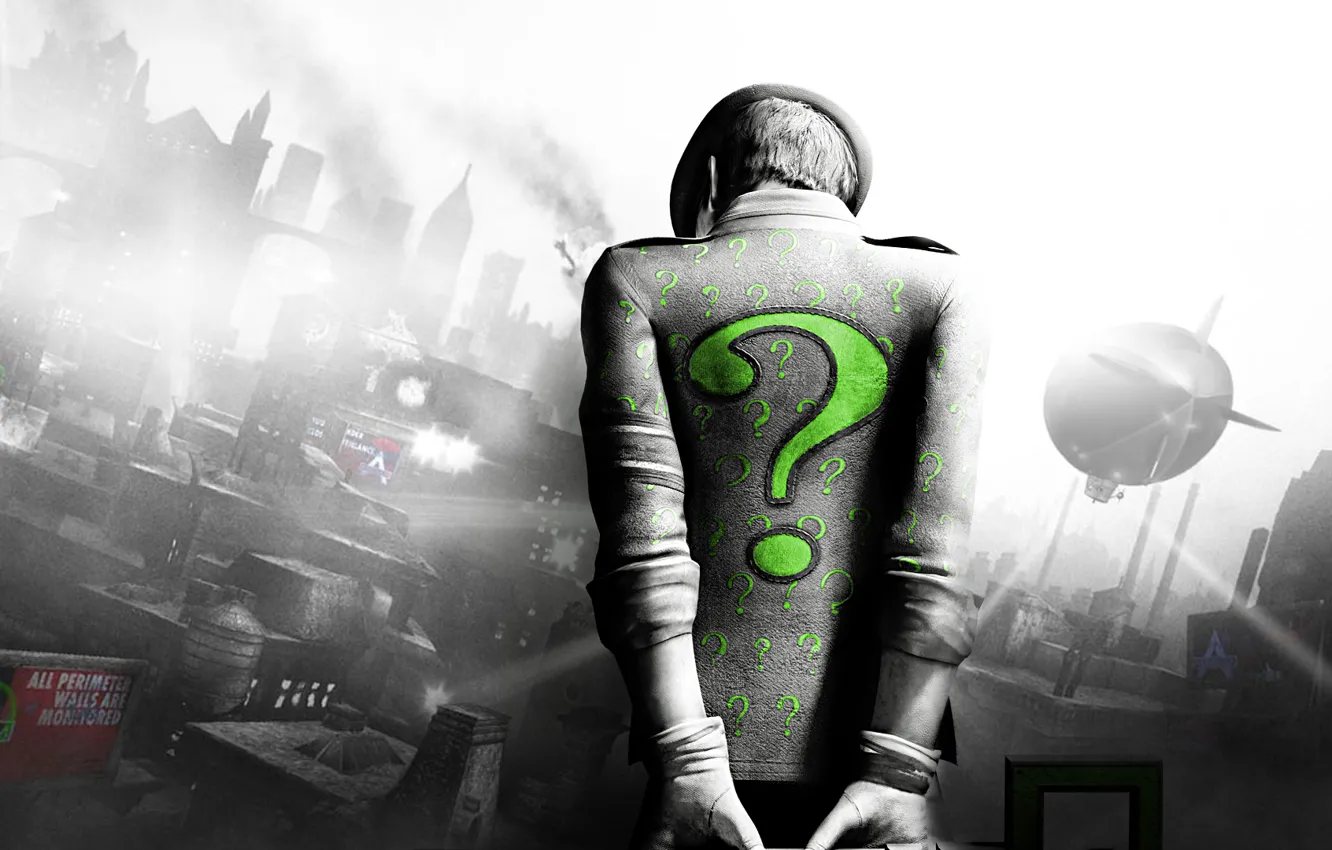 Photo wallpaper green, Batman, the question mark, arkham city, Riddler, Riddler, The Riddler