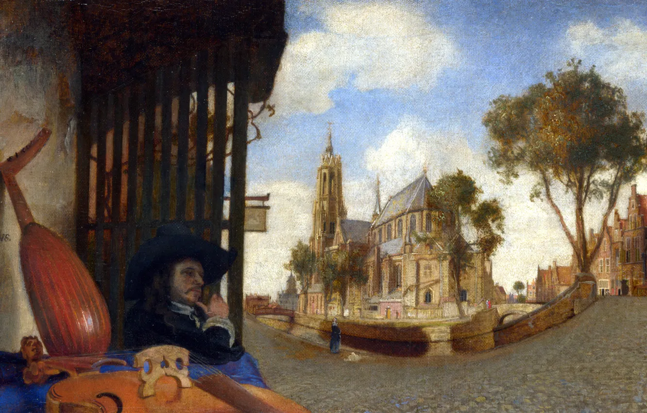 Photo wallpaper picture, musician, the urban landscape, View Of Delft, Carel Fabritius, Karel Fabricius